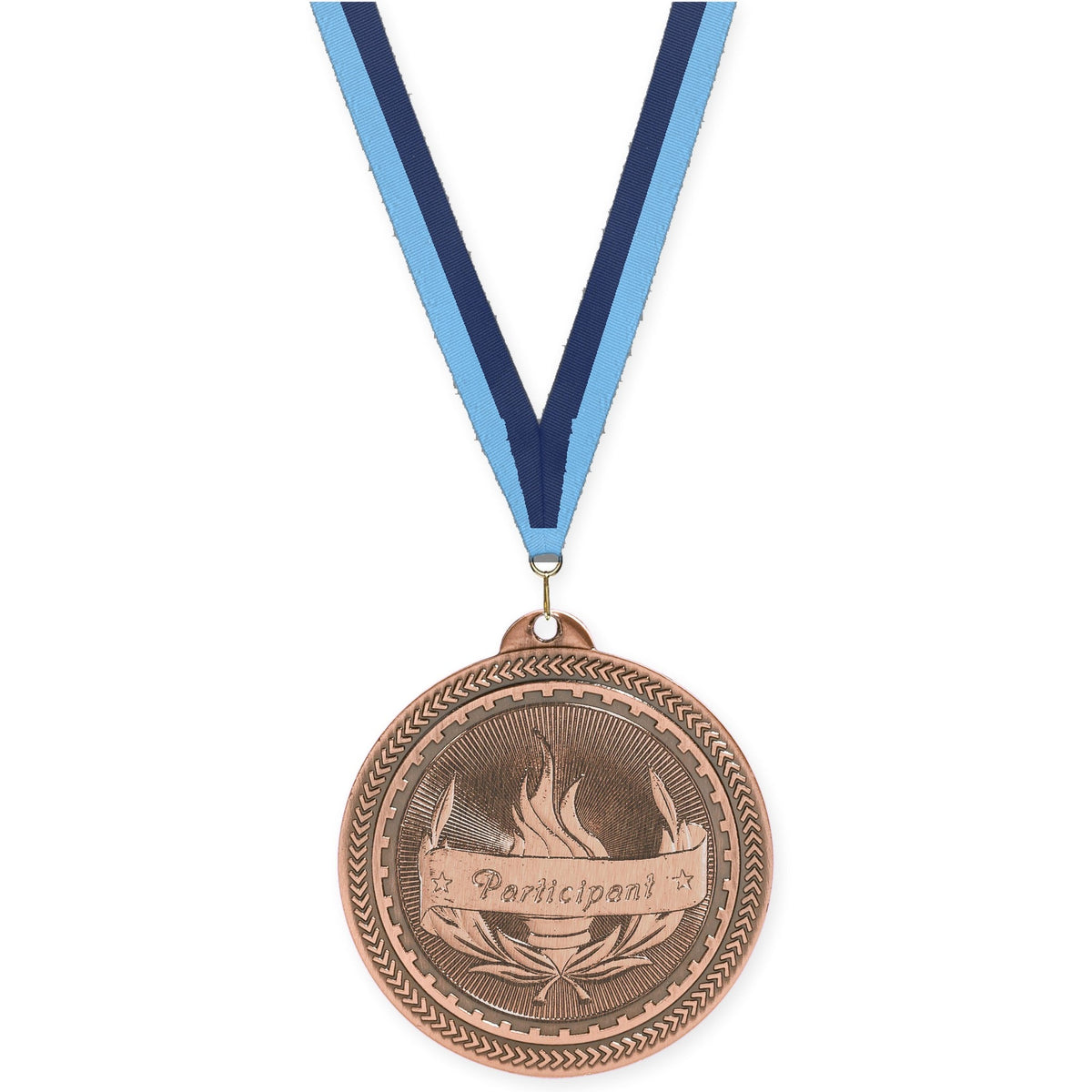 2 inch Participant Sunburst medal in antique bronze with Light Blue Navy neck ribbon