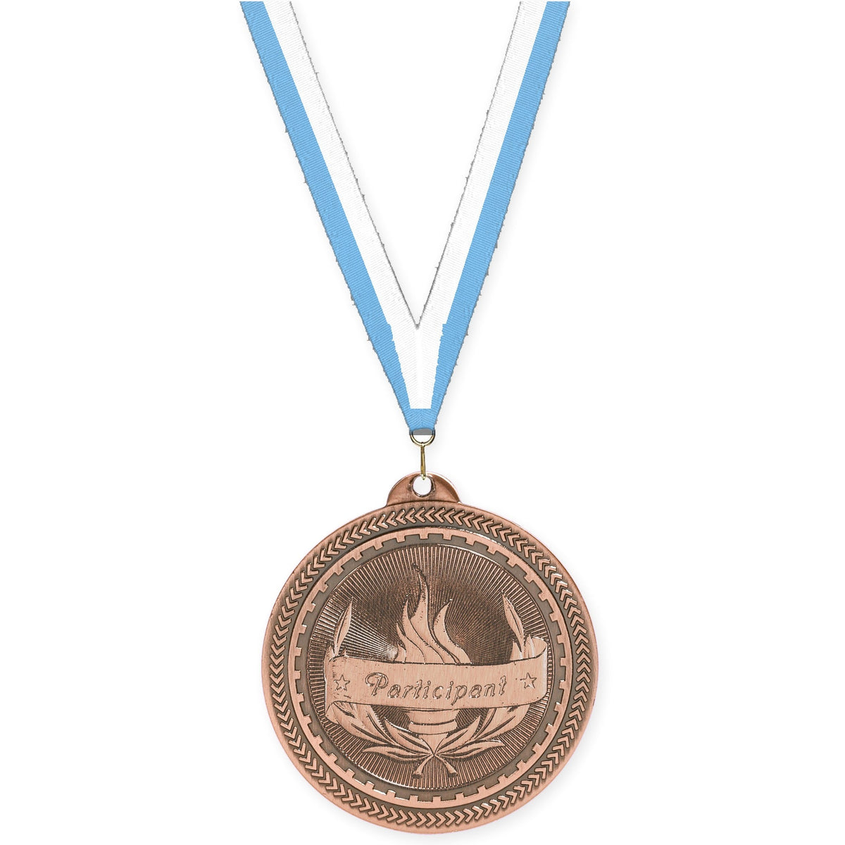 2 inch Participant Sunburst medal in antique bronze with Light Blue White neck ribbon