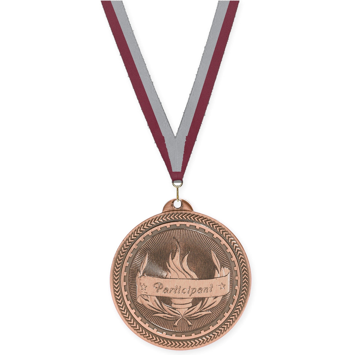 2 inch Participant Sunburst medal in antique bronze with Maroon Gray neck ribbon