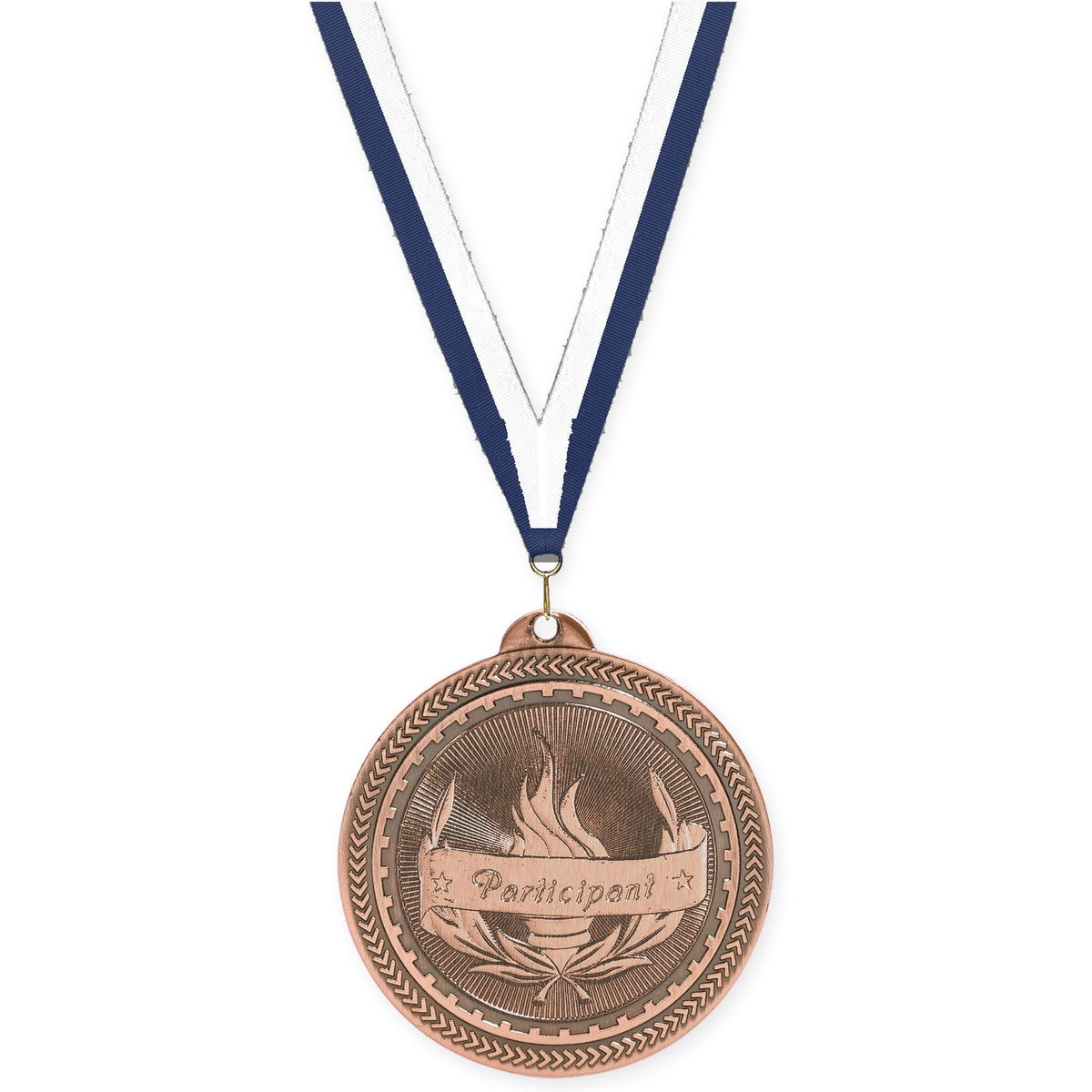 2 inch Participant Sunburst medal in antique bronze with Navy White neck ribbon