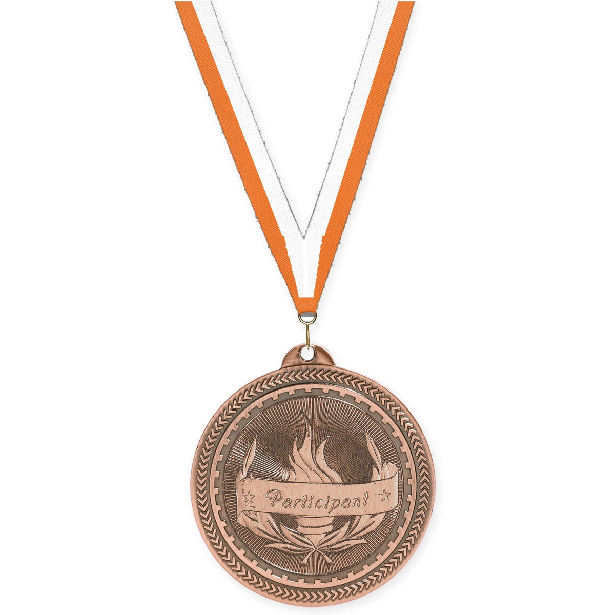 2 inch Participant Sunburst medal in antique bronze with Orange White neck ribbon
