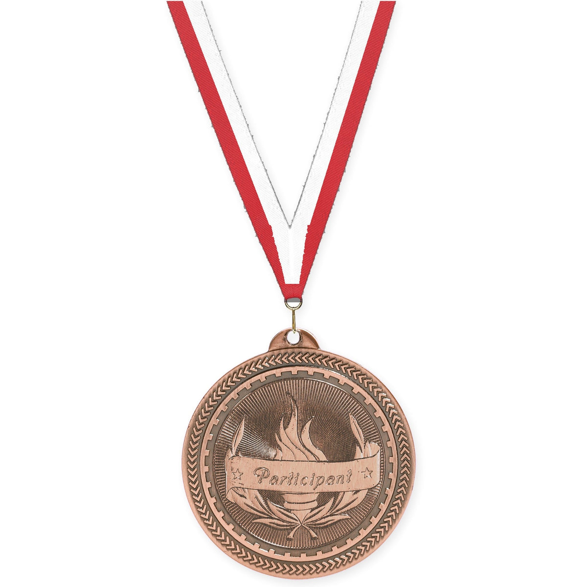 2 inch Participant Sunburst medal in antique bronze with Red White neck ribbon
