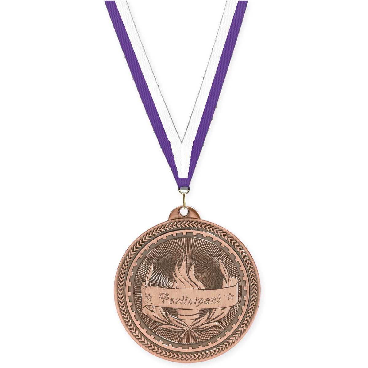 2 inch Participant Sunburst medal in antique bronze with Purple White neck ribbon