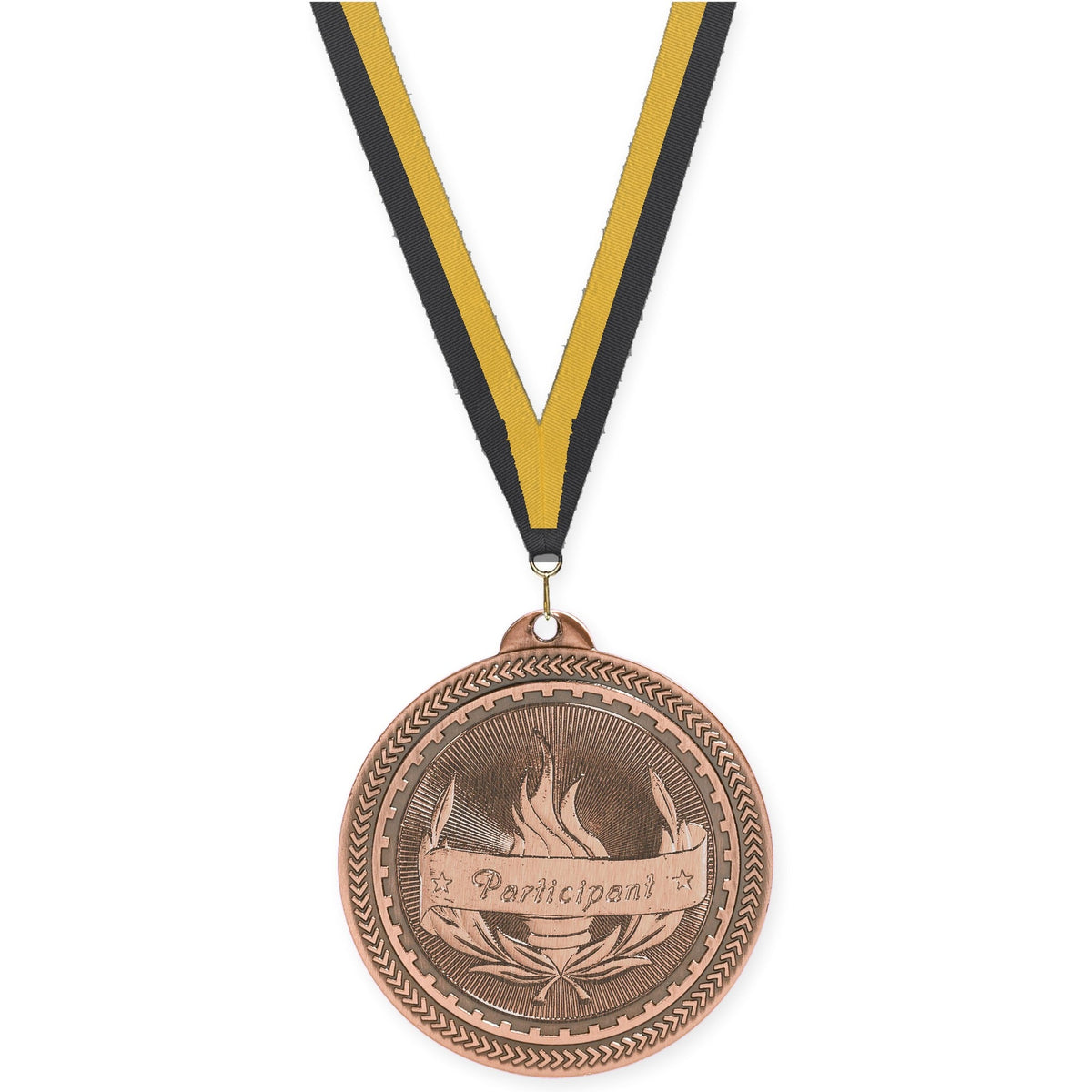 2 inch Participant Sunburst medal in antique bronze with Black Gold neck ribbon