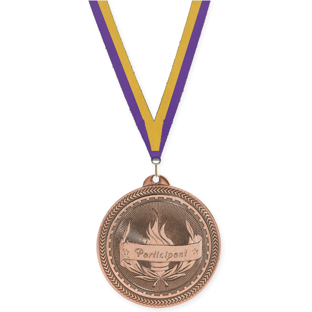 2 inch Participant Sunburst medal in antique bronze with Purple Gold neck ribbon