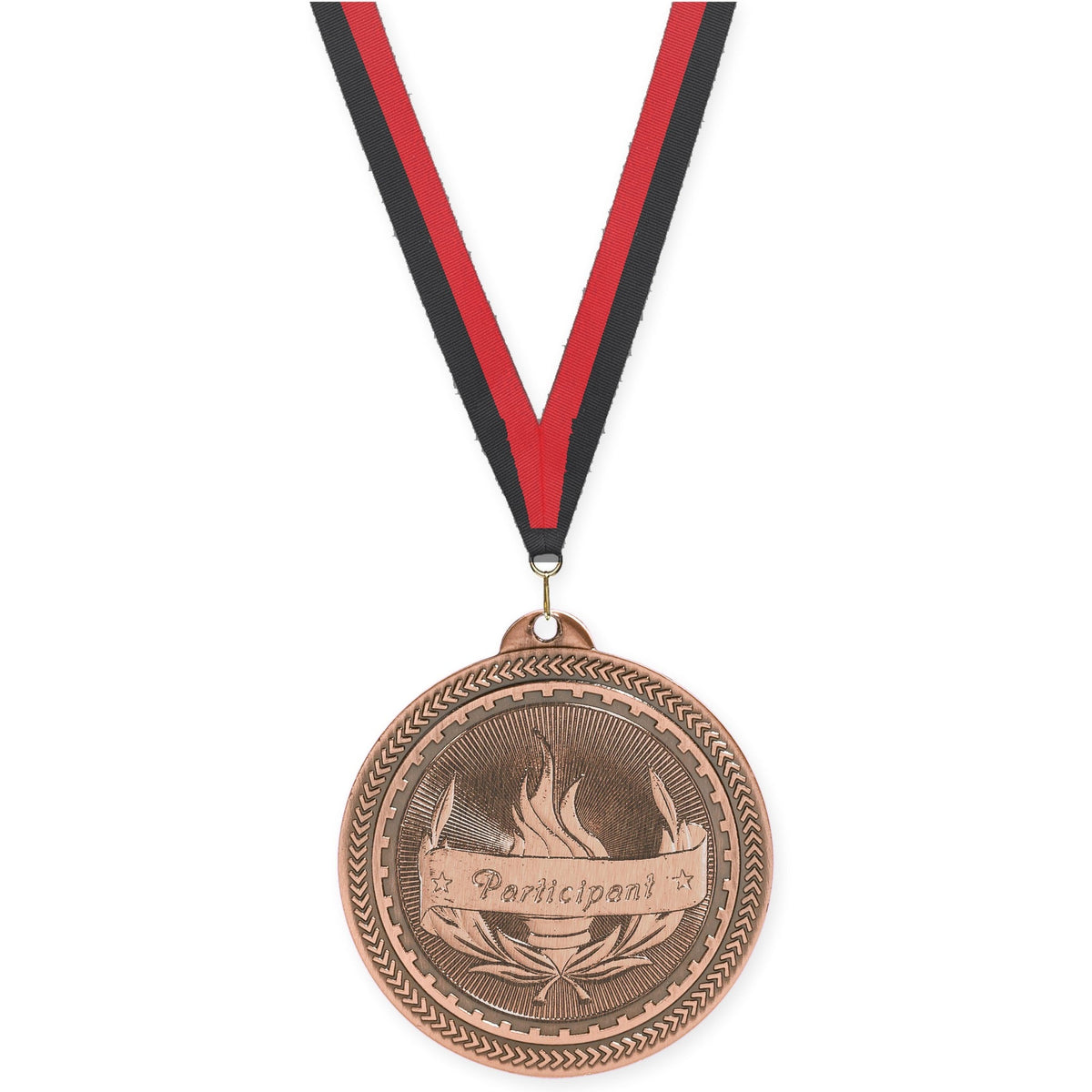 2 inch Participant Sunburst medal in antique bronze with Black Red neck ribbon