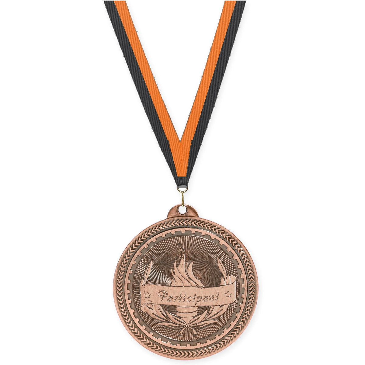 2 inch Participant Sunburst medal in antique bronze with Black Orange neck ribbon
