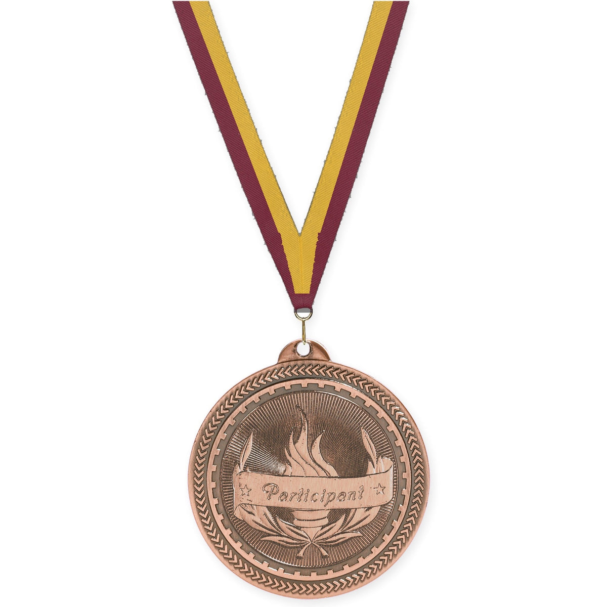 2 inch Participant Sunburst medal in antique bronze with Maroon Gold neck ribbon