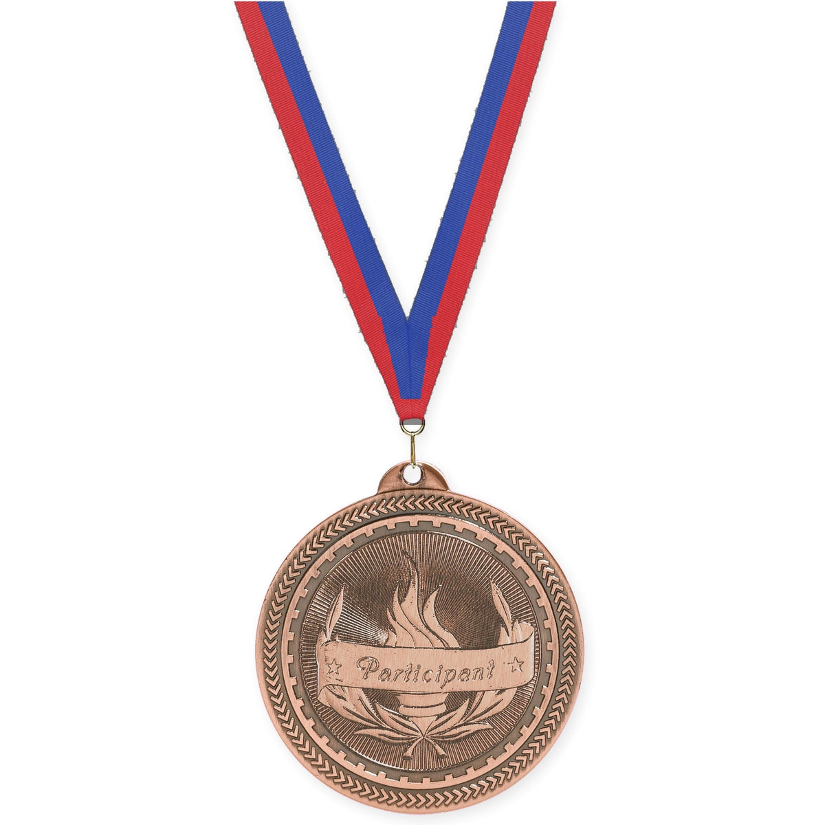 2 inch Participant Sunburst medal in antique bronze with Blue Red neck ribbon
