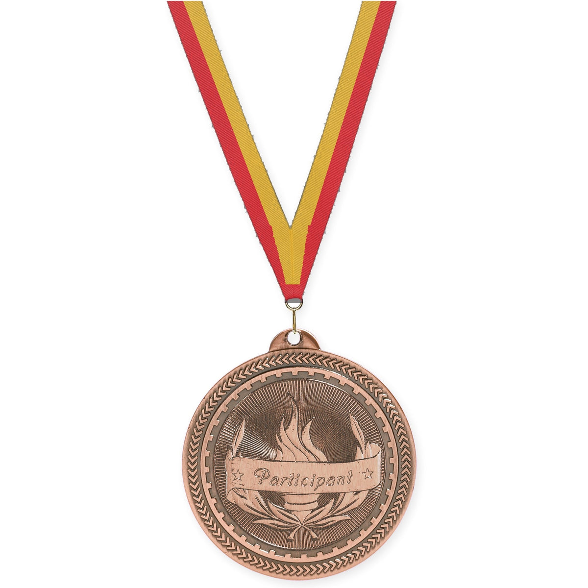2 inch Participant Sunburst medal in antique bronze with Red Gold neck ribbon