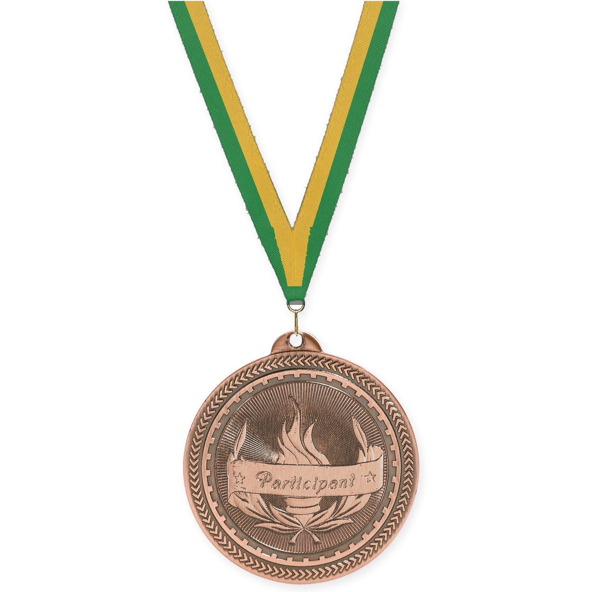 2 inch Participant Sunburst medal in antique bronze with Green Gold neck ribbon