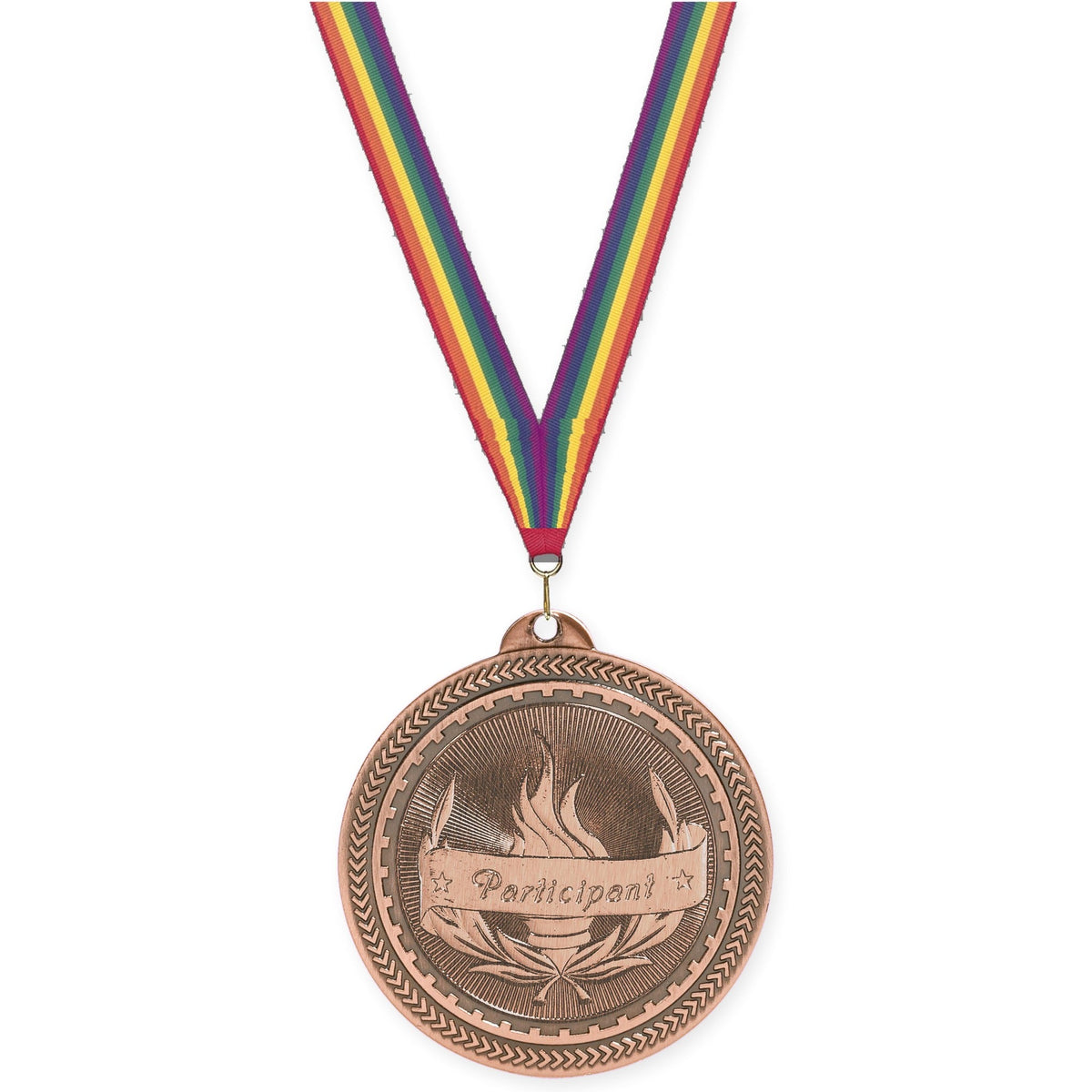 2 inch Participant Sunburst medal in antique bronze with Rainbow neck ribbon