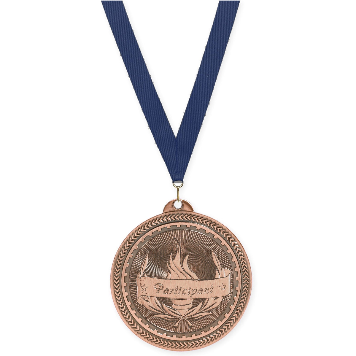 2 inch Participant Sunburst medal in antique bronze with Navy neck ribbon