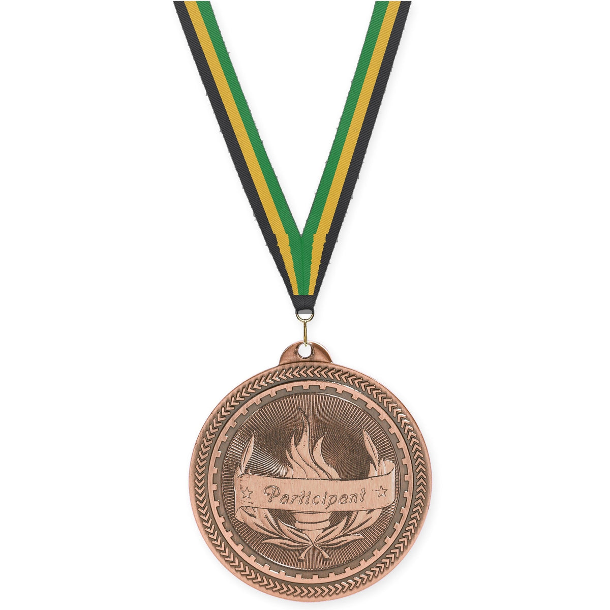 2 inch Participant Sunburst medal in antique bronze with Black Gold Green neck ribbon