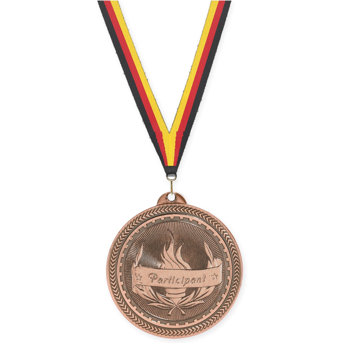 2 inch Participant Sunburst medal in antique bronze with Black Red Yellow neck ribbon