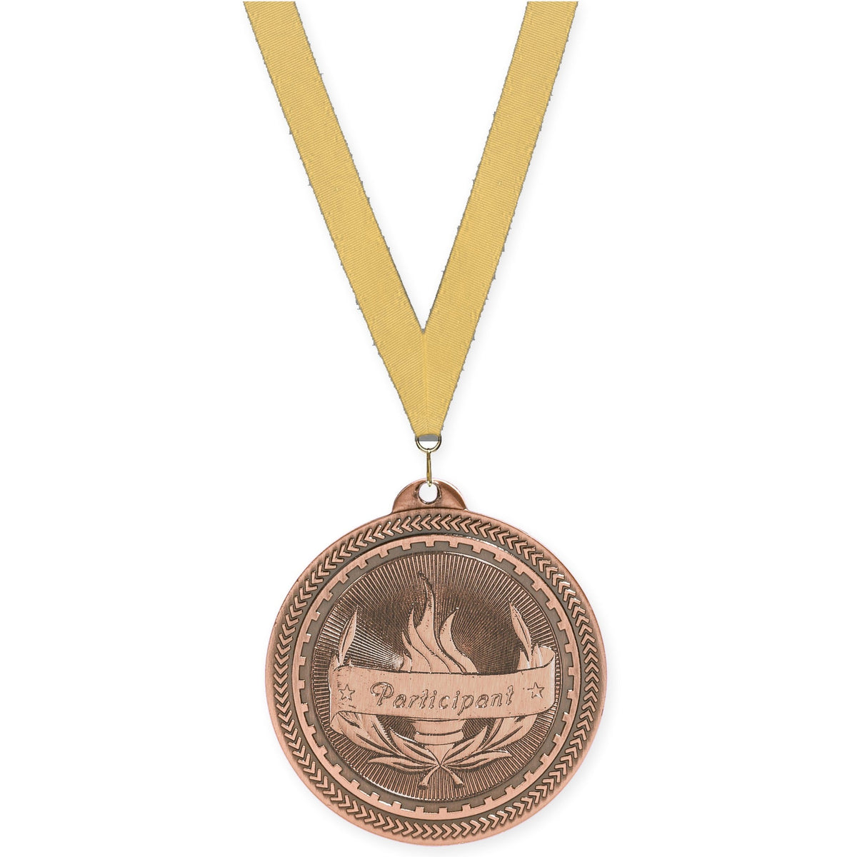 2 inch Participant Sunburst medal in antique bronze with Gold Metallic neck ribbon