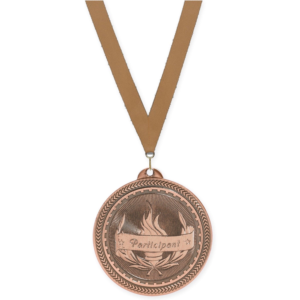 2 inch Participant Sunburst medal in antique bronze with Bronze Metallic neck ribbon