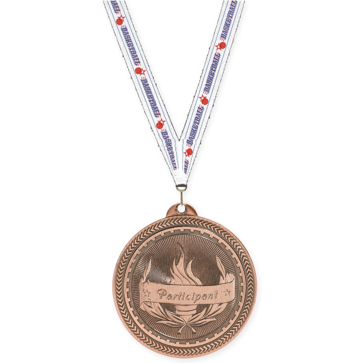 2 inch Participant Sunburst medal in antique bronze with Basketball neck ribbon