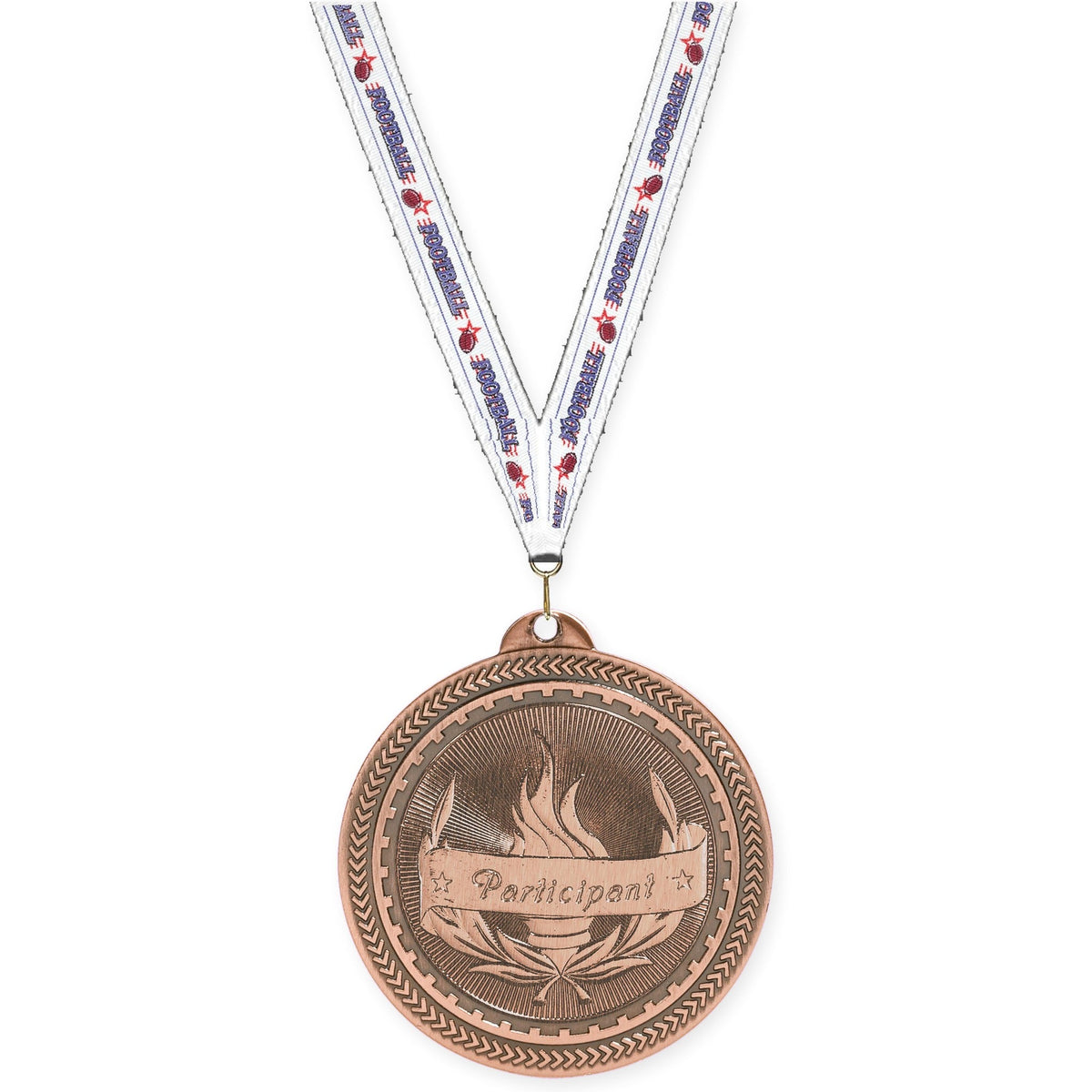 2 inch Participant Sunburst medal in antique bronze with Football neck ribbon