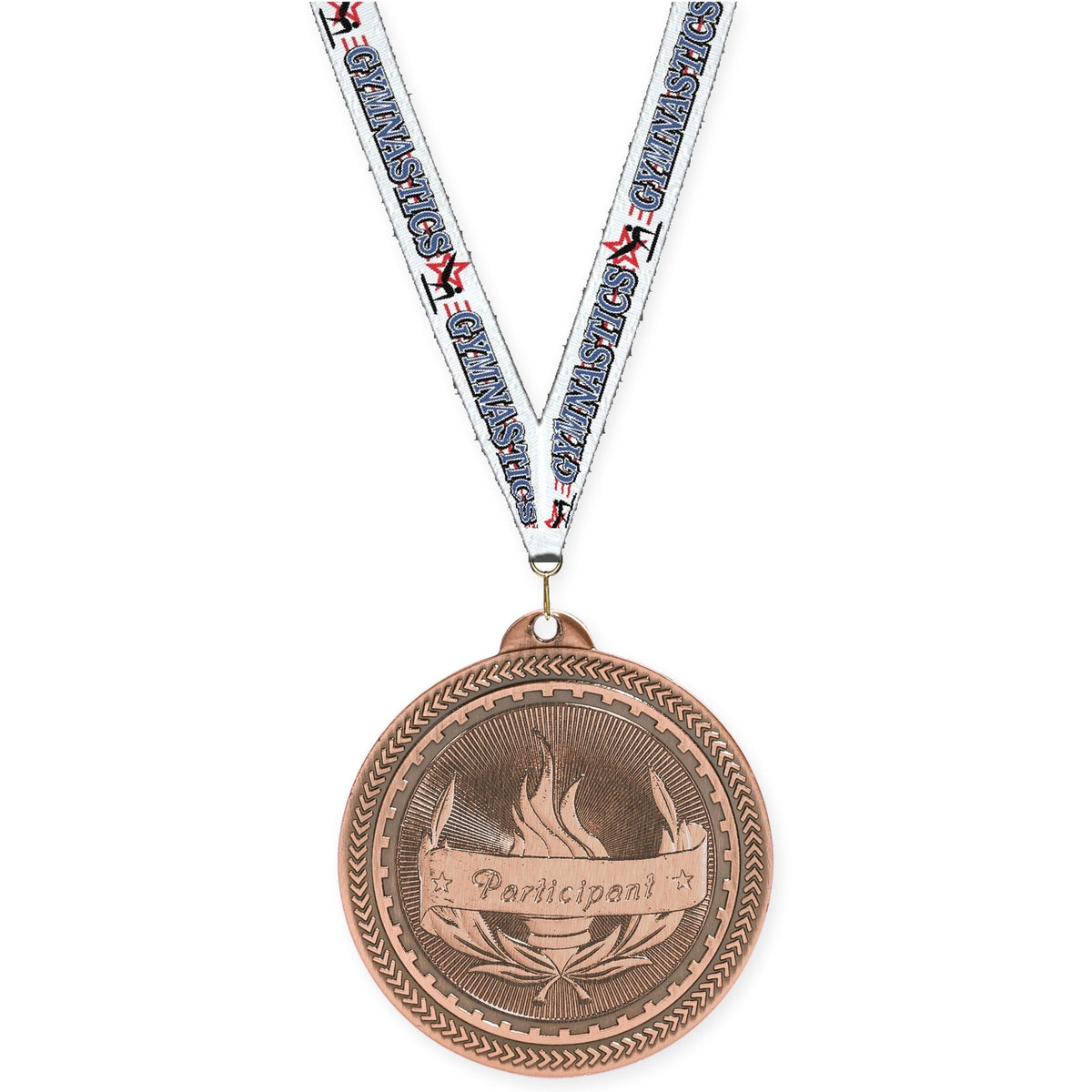 2 inch Participant Sunburst medal in antique bronze with Gymnastics neck ribbon