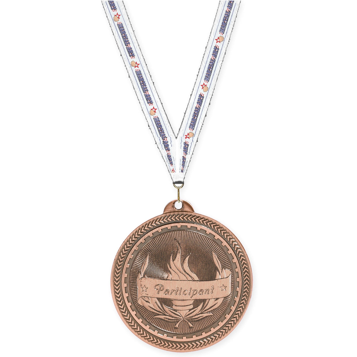 2 inch Participant Sunburst medal in antique bronze with Martial Arts neck ribbon