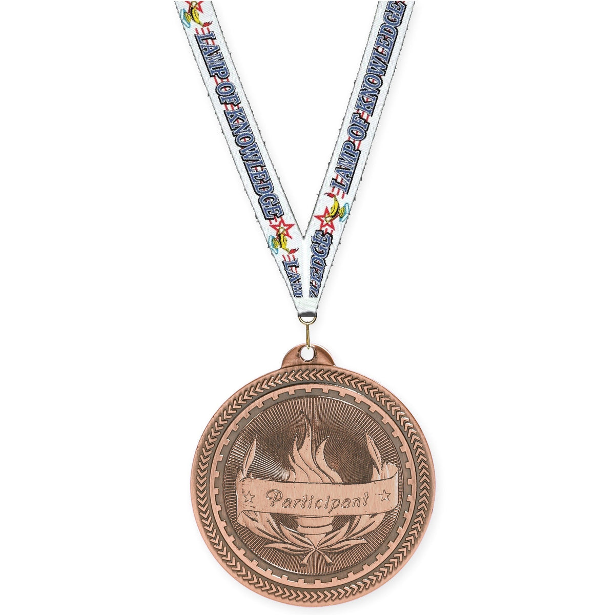 2 inch Participant Sunburst medal in antique bronze with Lamp Of Knowledge neck ribbon