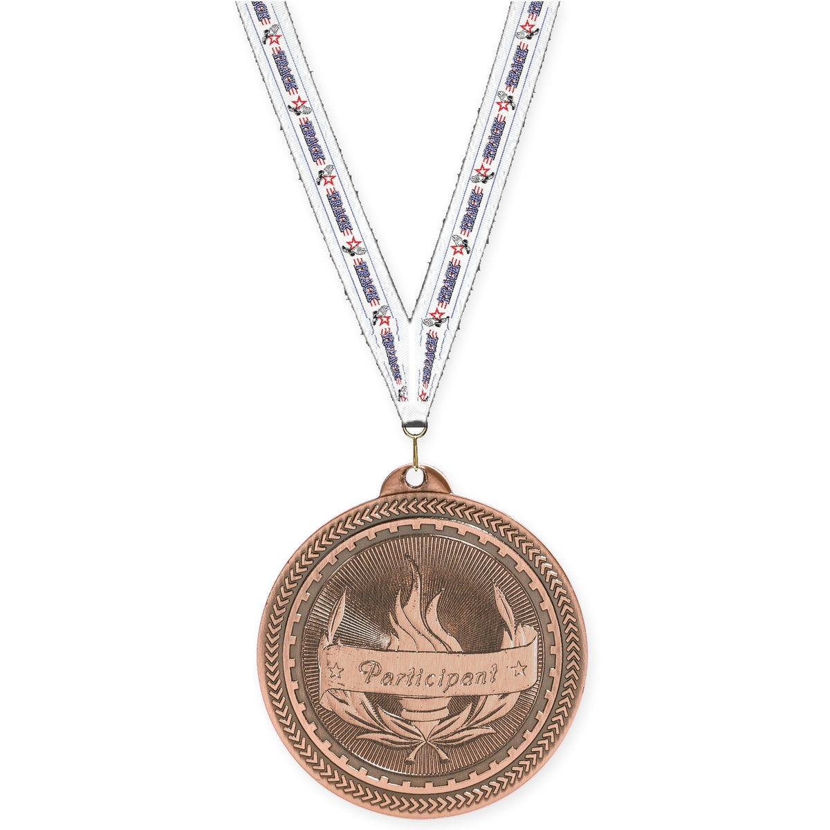2 inch Participant Sunburst medal in antique bronze with Track neck ribbon