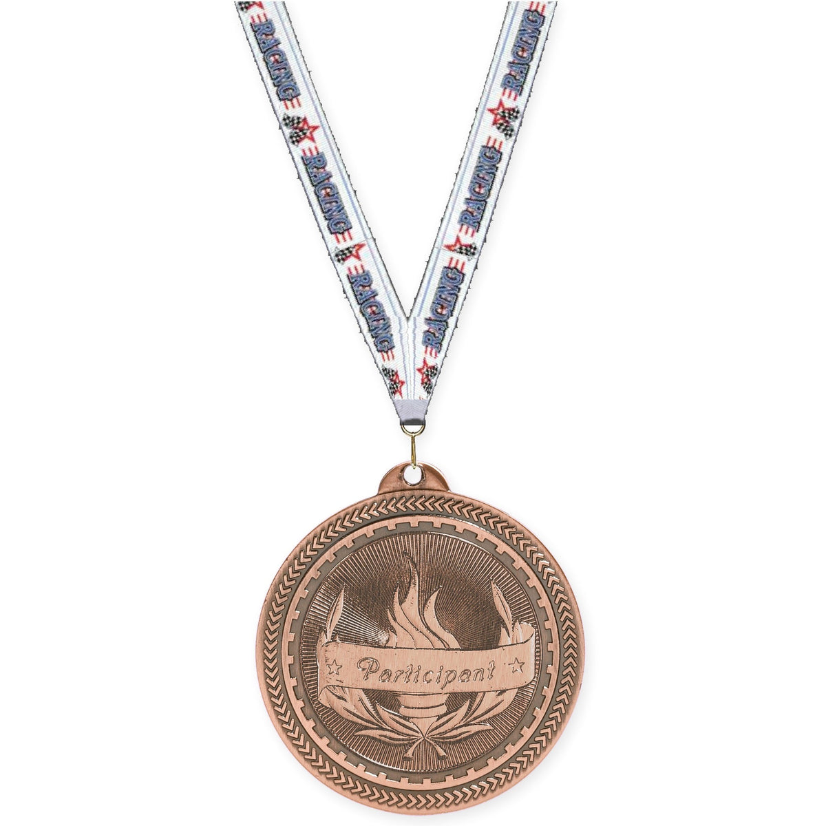 2 inch Participant Sunburst medal in antique bronze with Auto Racing neck ribbon