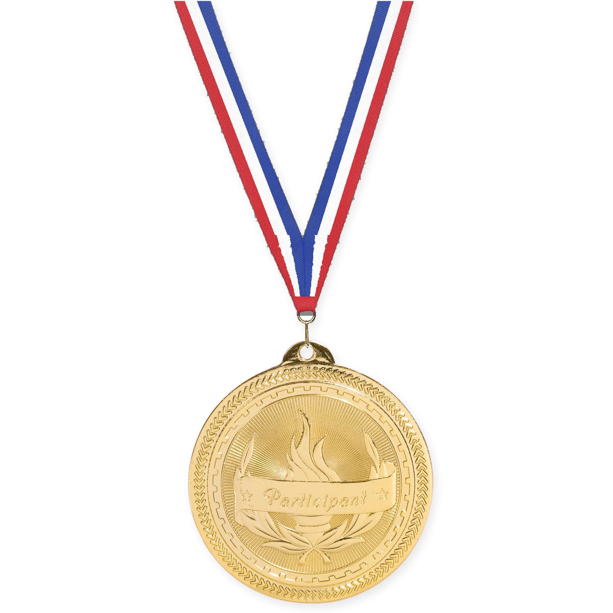 2 inch Participant Sunburst medal in bright gold with Red White Blue neck ribbon