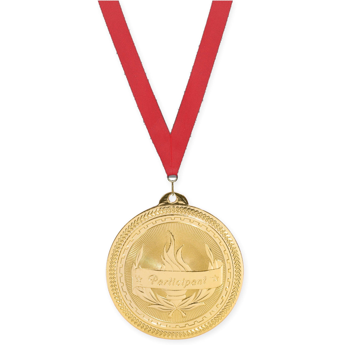 2 inch Participant Sunburst medal in bright gold with Red neck ribbon