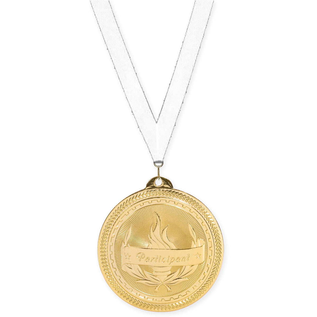 2 inch Participant Sunburst medal in bright gold with White neck ribbon