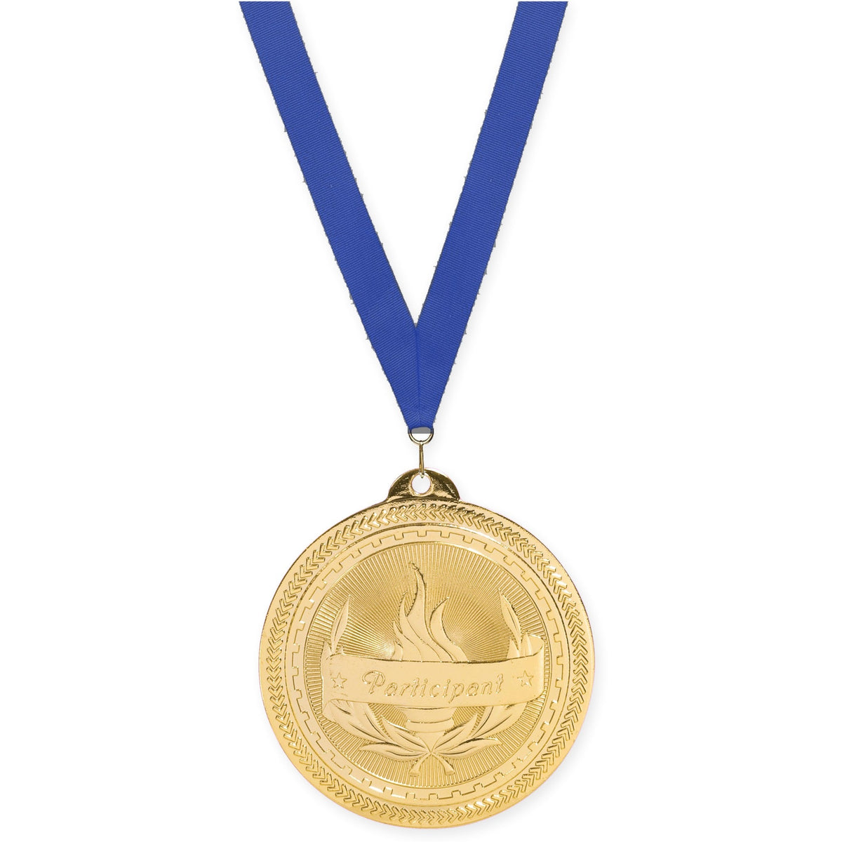 2 inch Participant Sunburst medal in bright gold with Blue neck ribbon