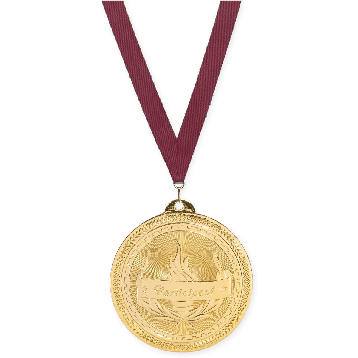 2 inch Participant Sunburst medal in bright gold with Maroon neck ribbon