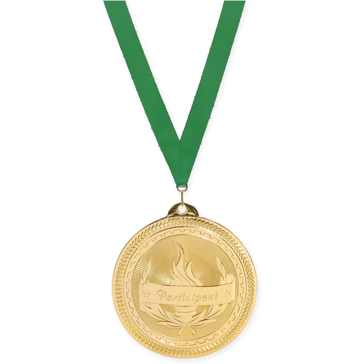 2 inch Participant Sunburst medal in bright gold with Green neck ribbon