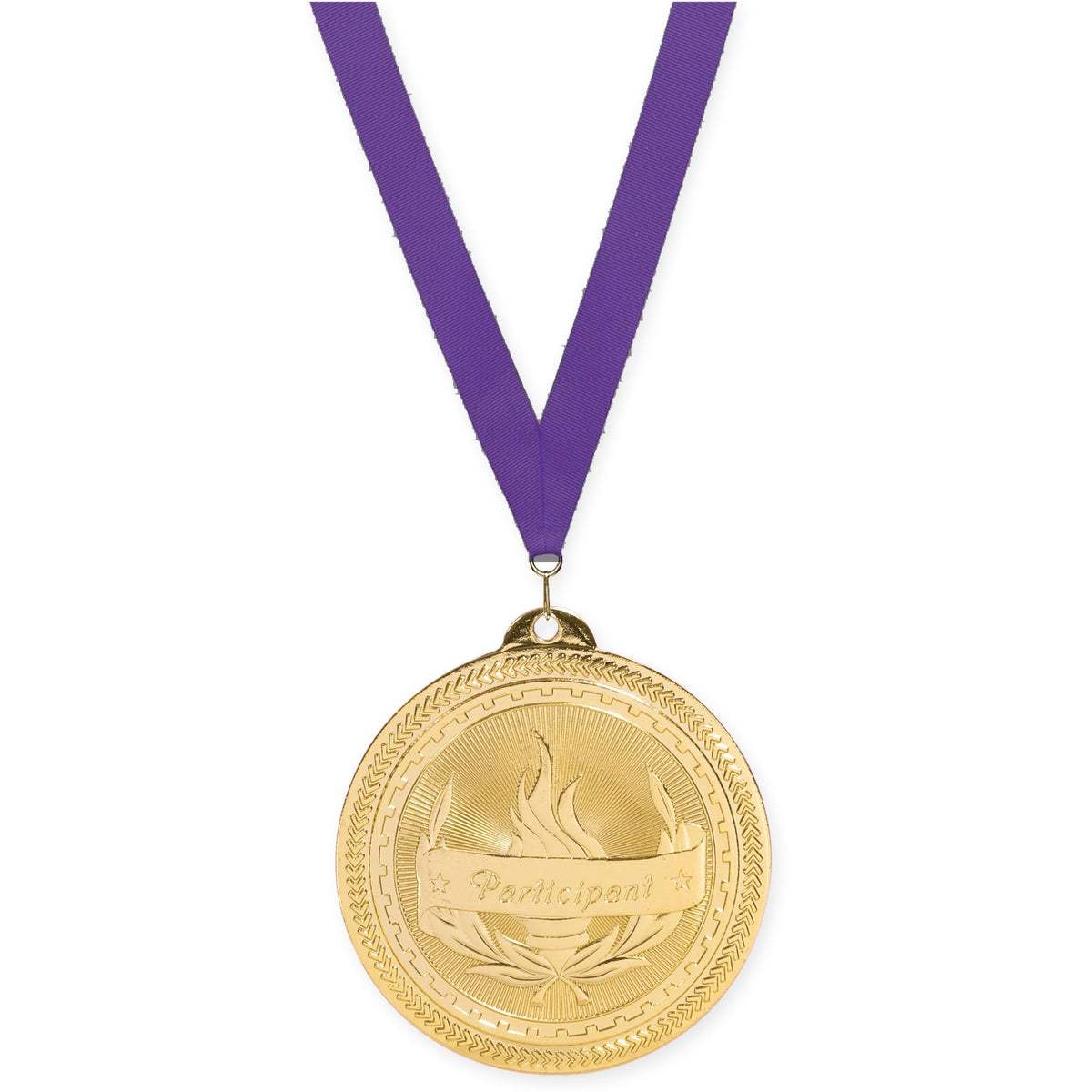2 inch Participant Sunburst medal in bright gold with Purple neck ribbon
