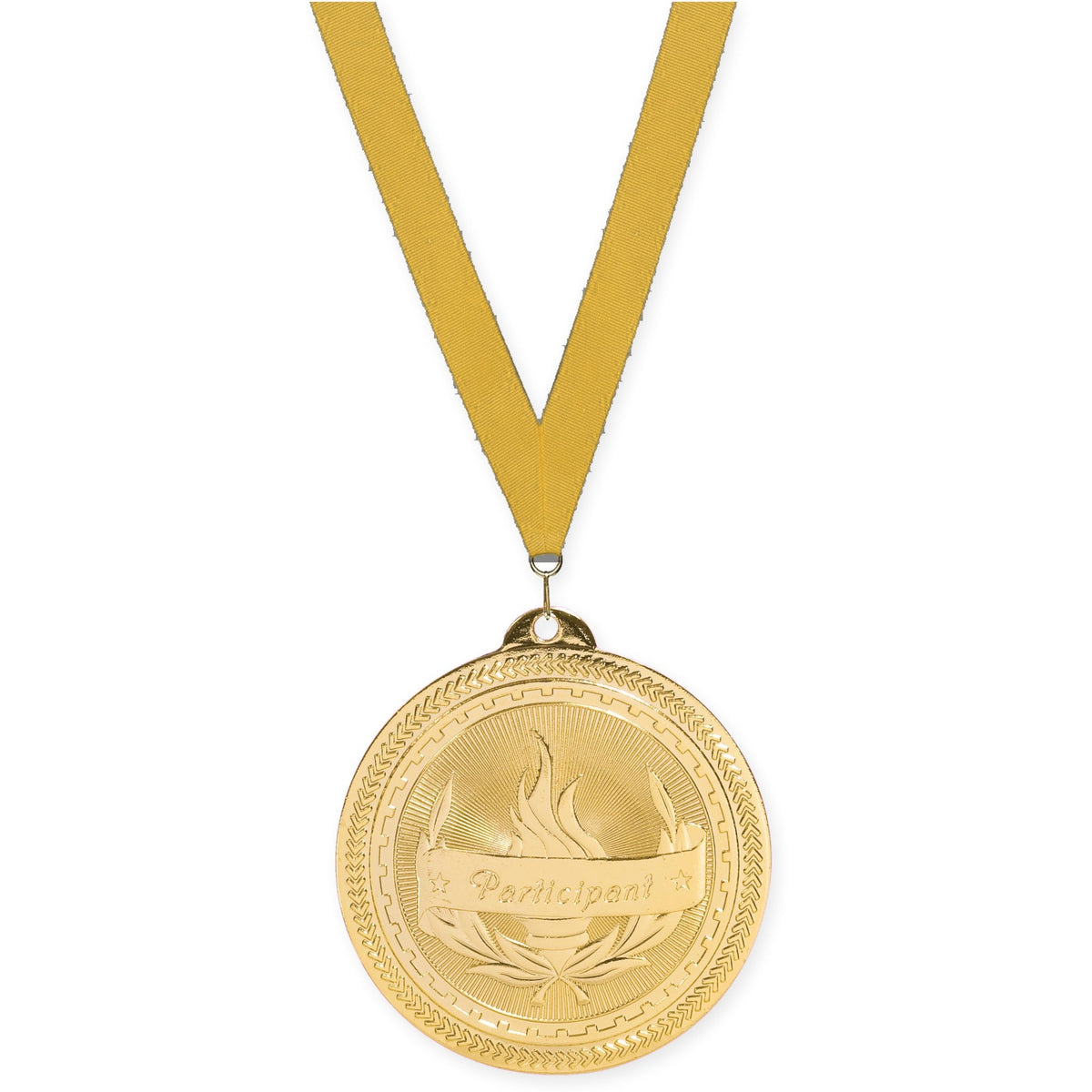 2 inch Participant Sunburst medal in bright gold with Gold neck ribbon