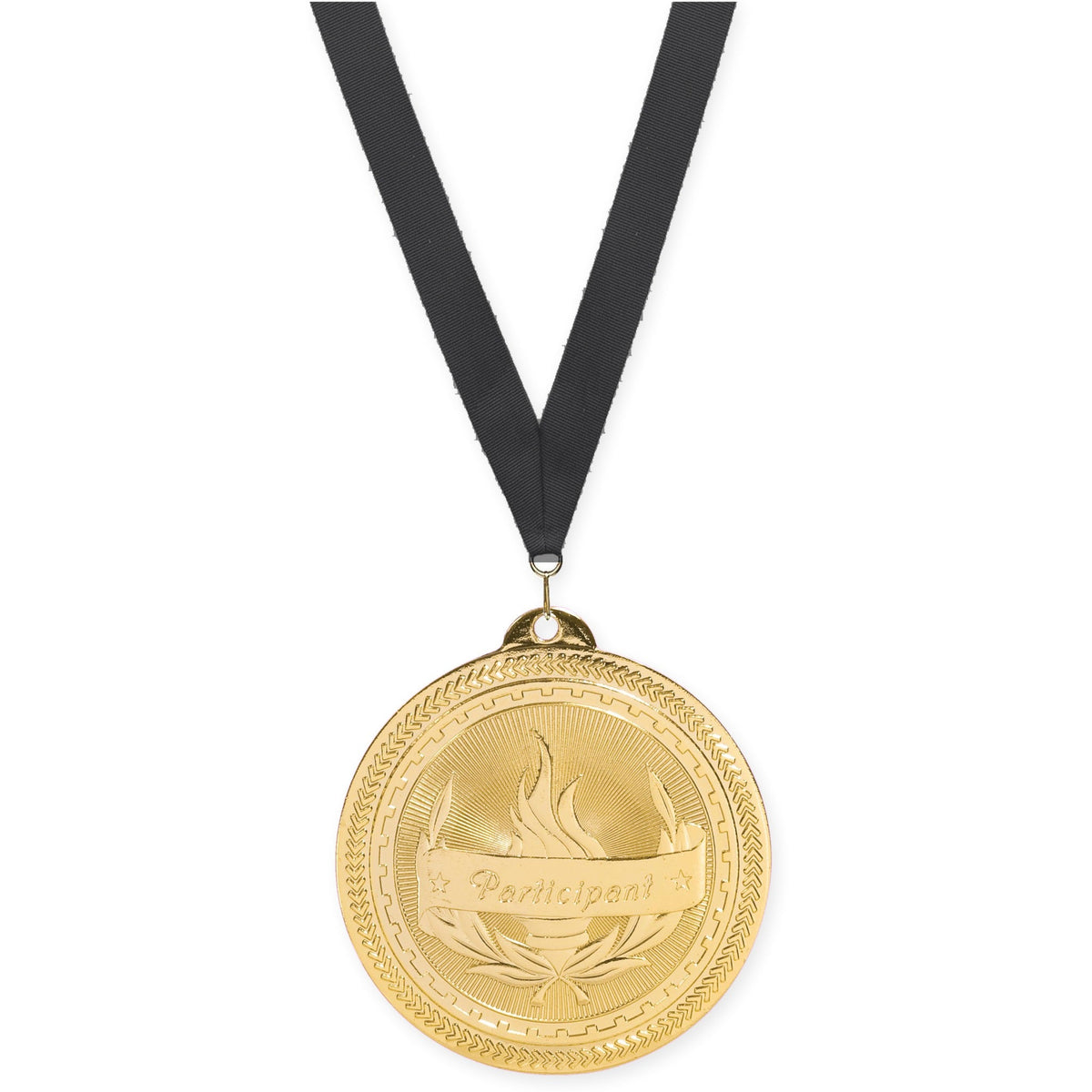 2 inch Participant Sunburst medal in bright gold with Black neck ribbon