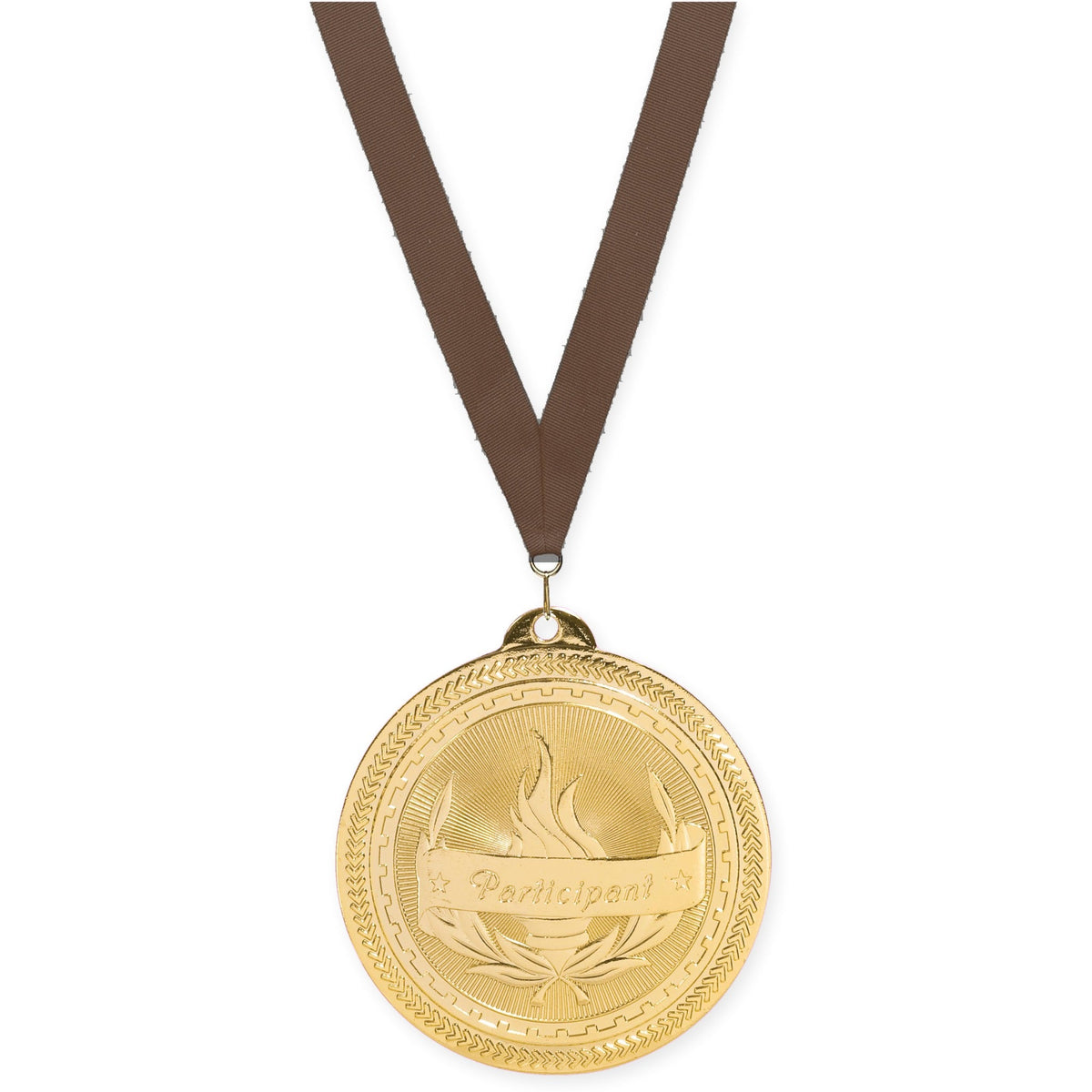 2 inch Participant Sunburst medal in bright gold with Brown neck ribbon
