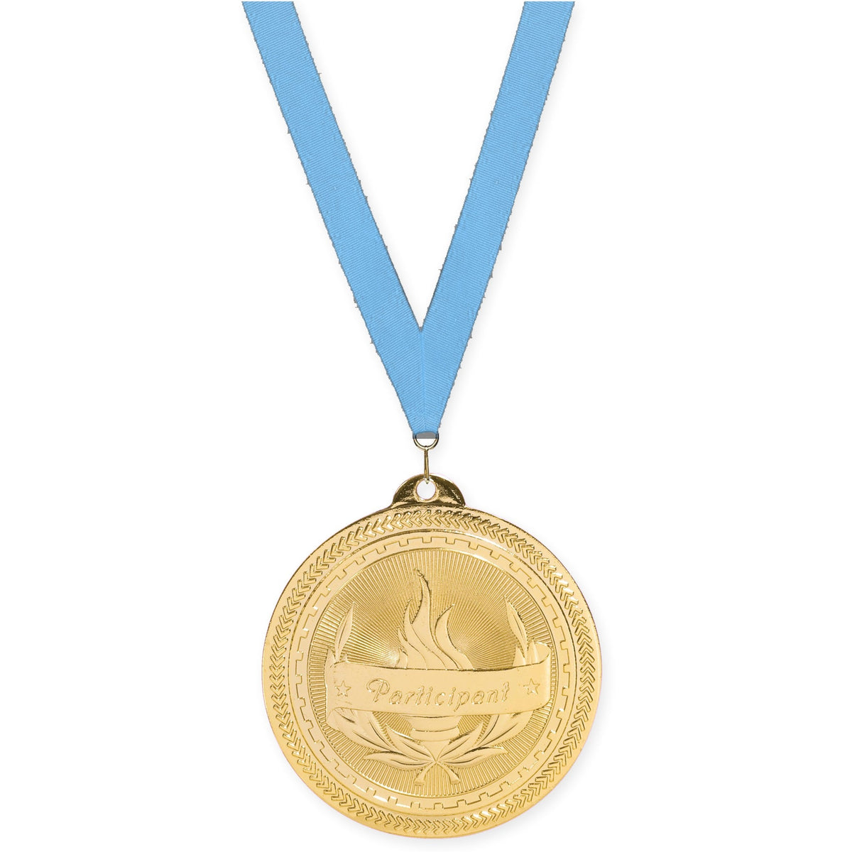 2 inch Participant Sunburst medal in bright gold with Light Blue neck ribbon