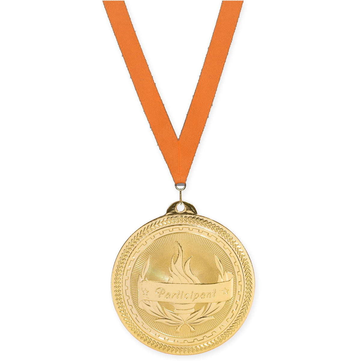 2 inch Participant Sunburst medal in bright gold with Orange neck ribbon
