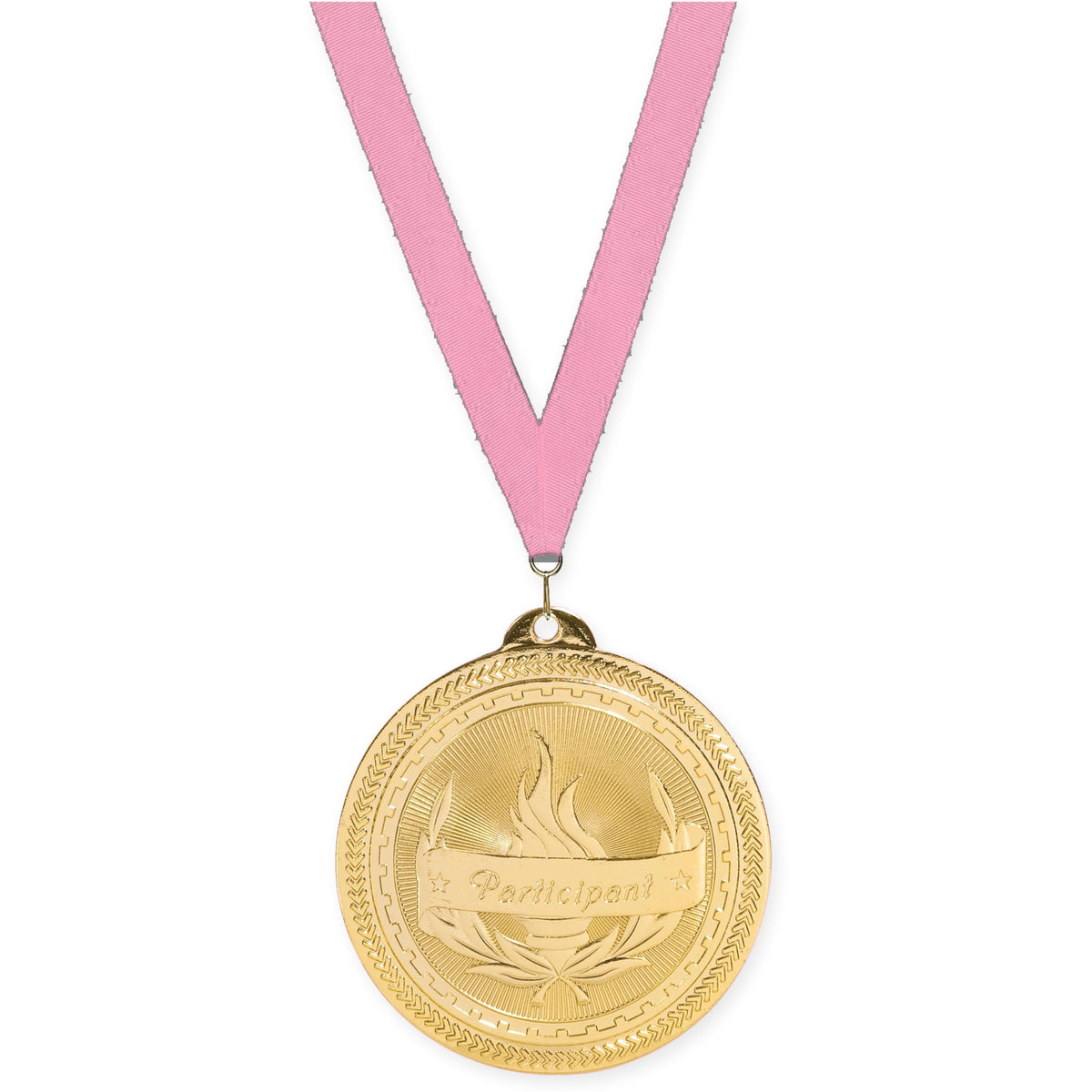 2 inch Participant Sunburst medal in bright gold with Pink neck ribbon