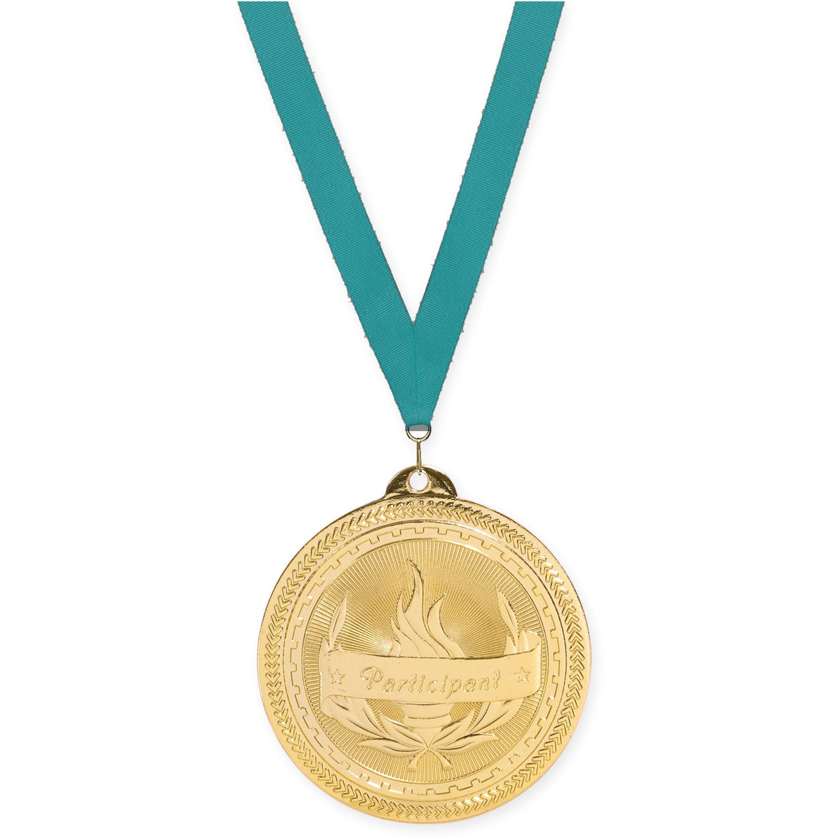 2 inch Participant Sunburst medal in bright gold with Teal neck ribbon