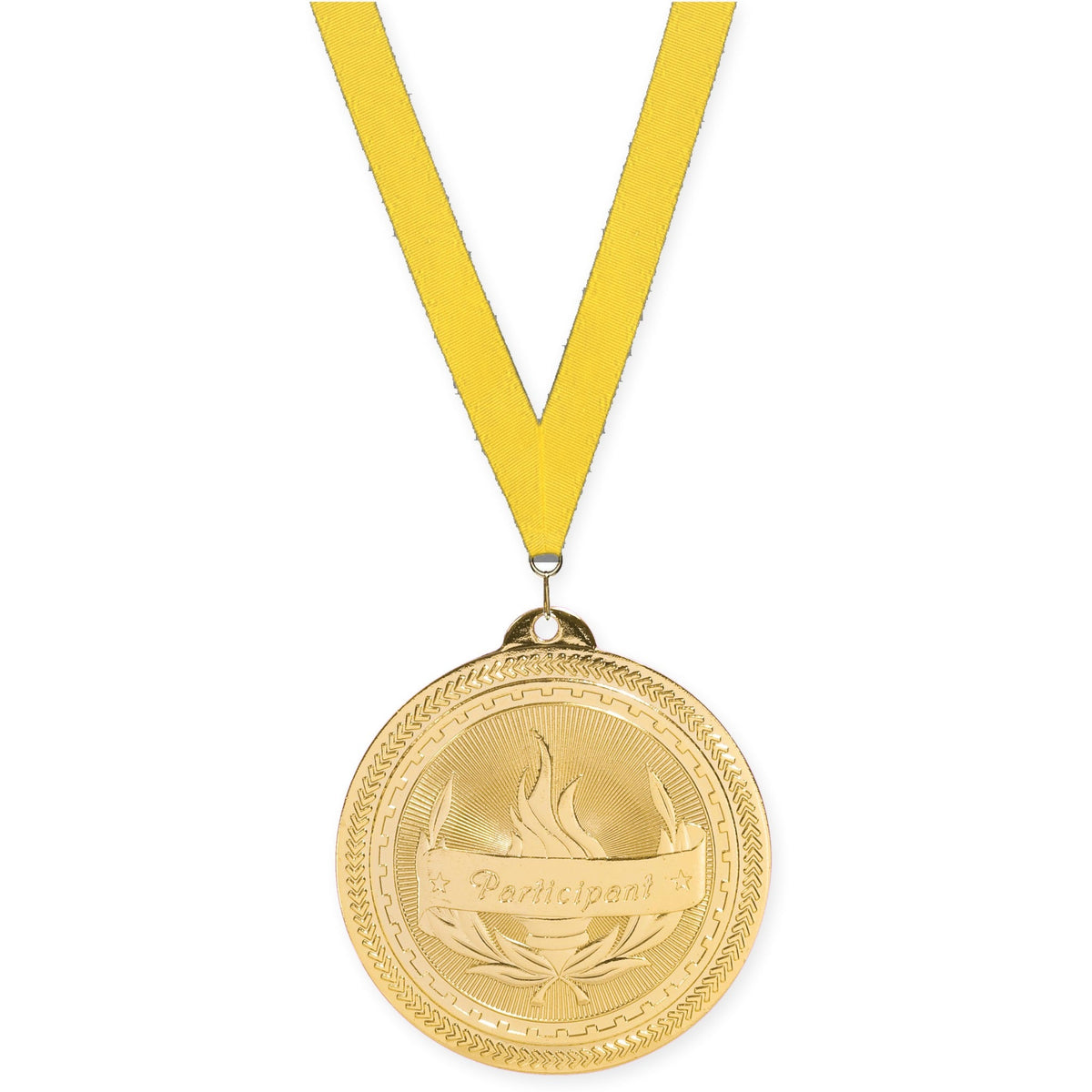 2 inch Participant Sunburst medal in bright gold with Yellow neck ribbon