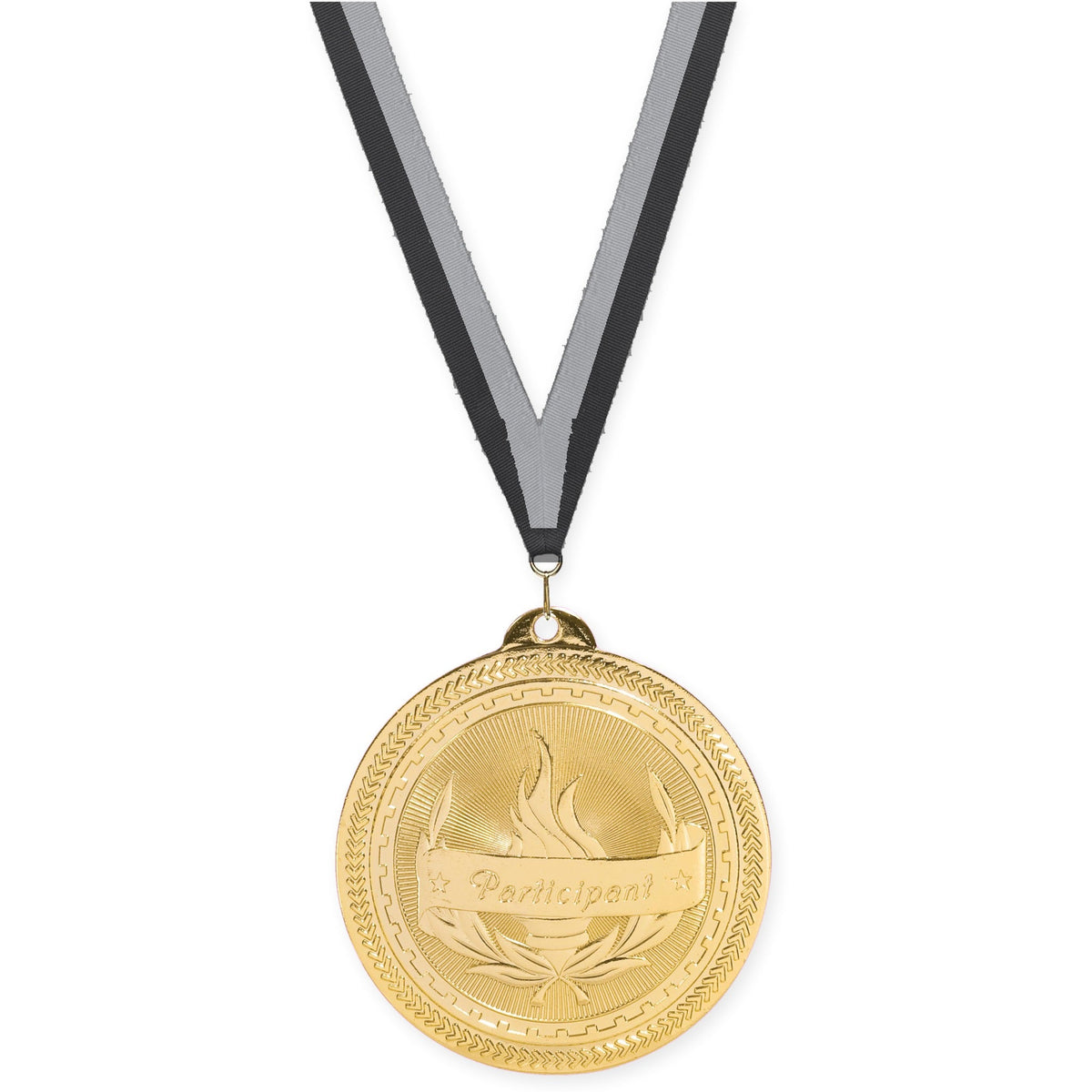2 inch Participant Sunburst medal in bright gold with Black Gray neck ribbon