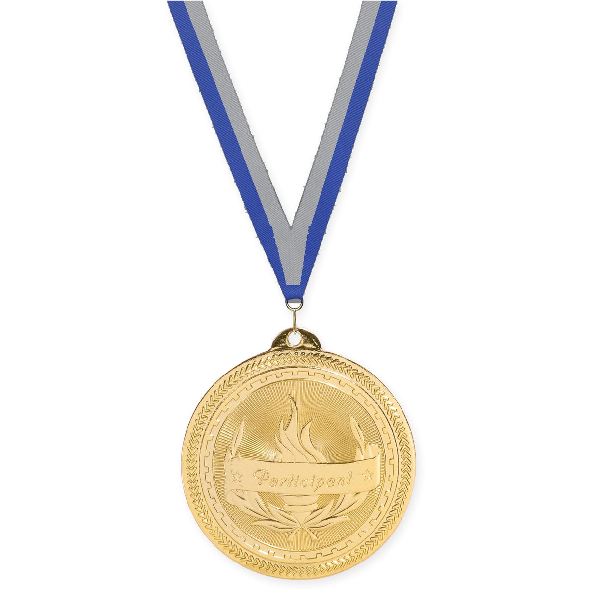 2 inch Participant Sunburst medal in bright gold with Blue Gray neck ribbon