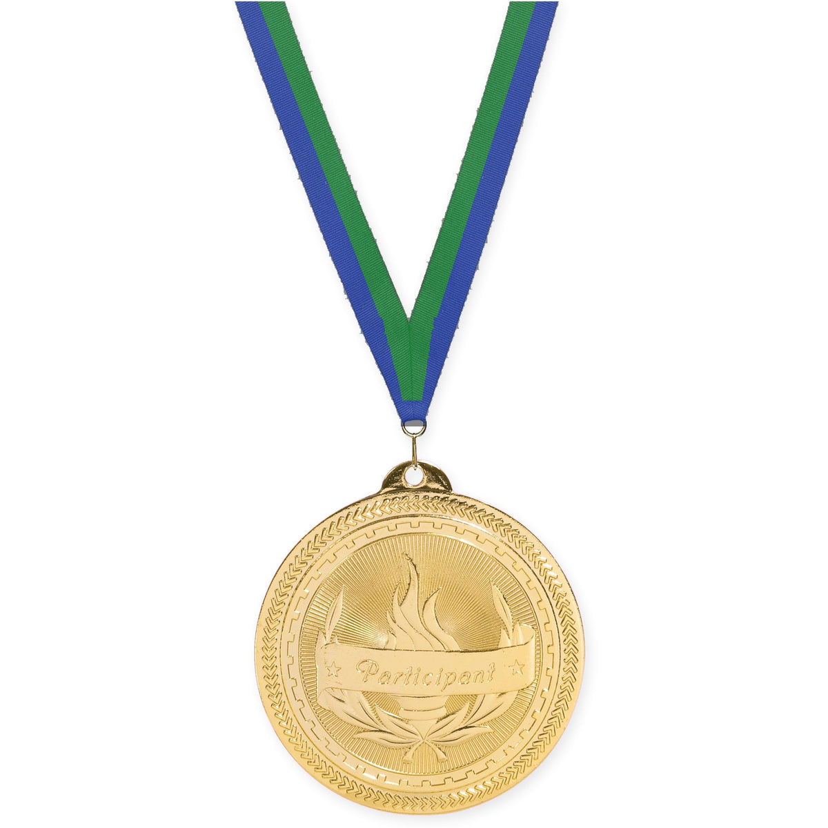2 inch Participant Sunburst medal in bright gold with Blue Green neck ribbon