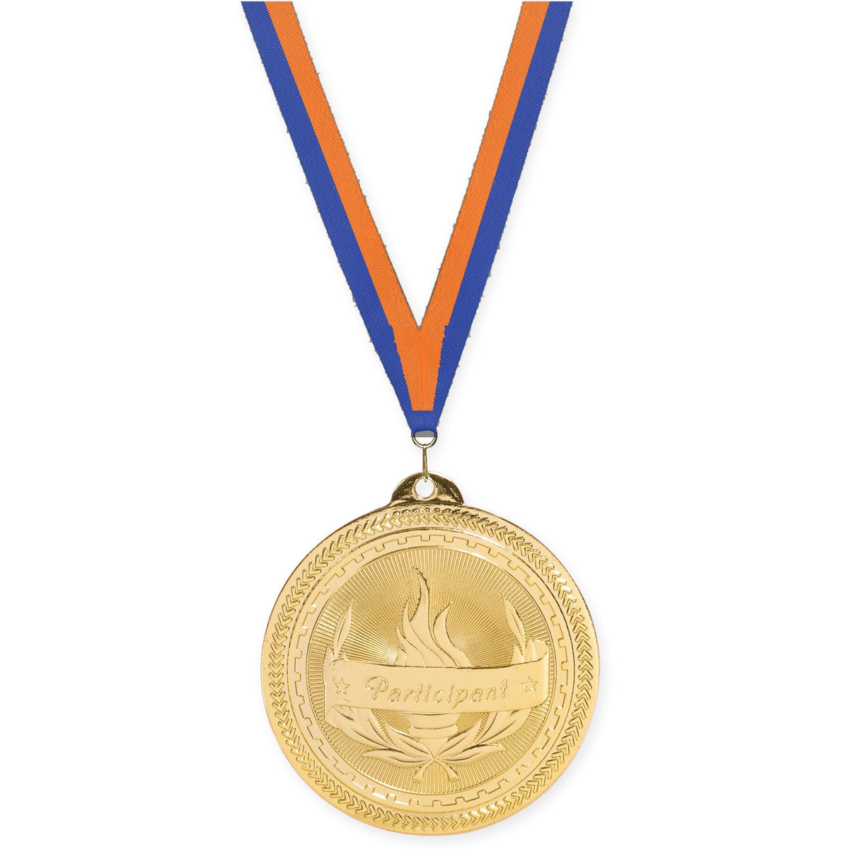 2 inch Participant Sunburst medal in bright gold with Blue Orange neck ribbon