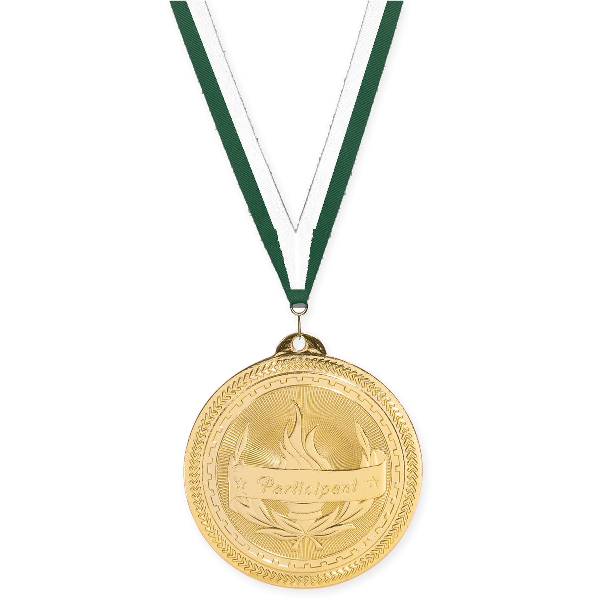 2 inch Participant Sunburst medal in bright gold with Hunter Green White neck ribbon