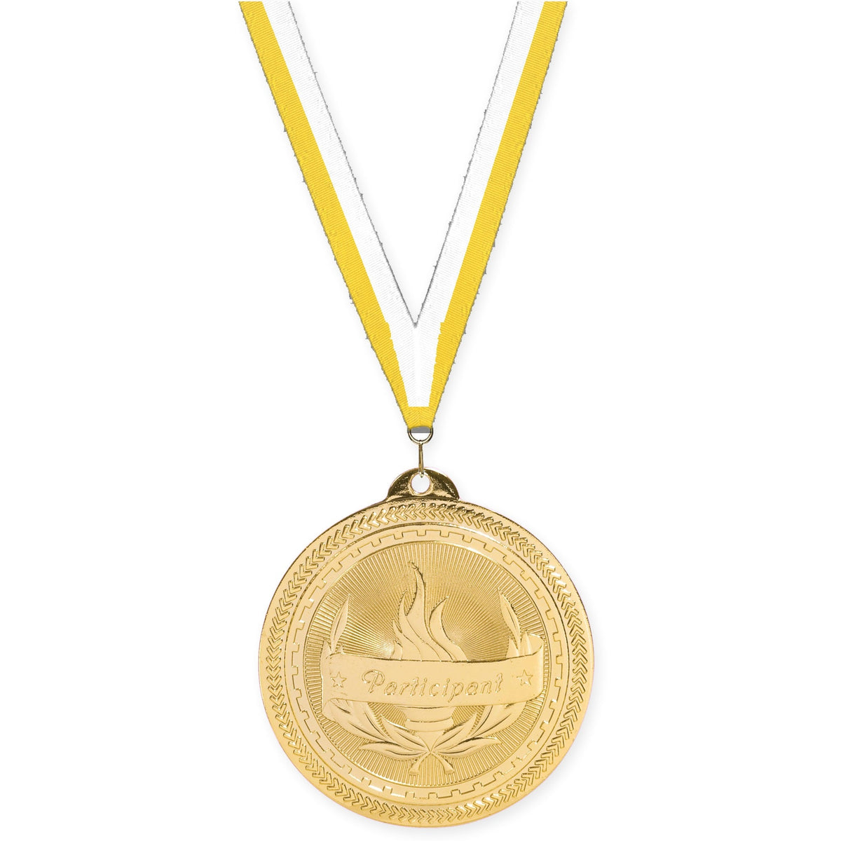 2 inch Participant Sunburst medal in bright gold with Yellow White neck ribbon
