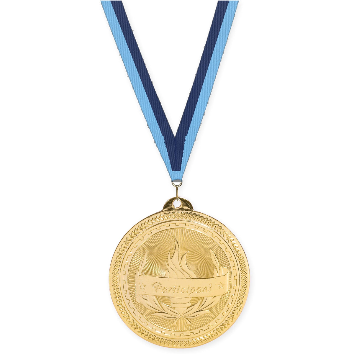 2 inch Participant Sunburst medal in bright gold with Light Blue Navy neck ribbon